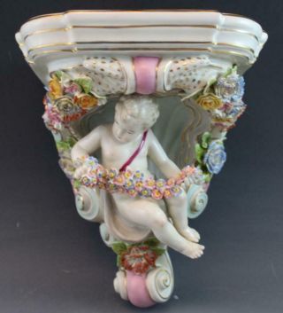 Antique Pair German Dresden Porcelain Cherubic Floral Encrusted Wall Shelves 8