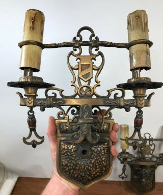 Antique Brass 2 Bulb Electric Candle Wall Sconce Spanish Revival Style