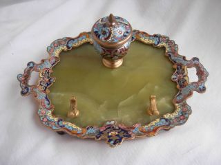 Antique French Enameled Bronze Onyx Inkwell,  Late 19th Century.