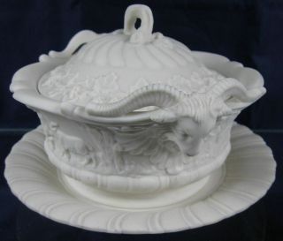 Antique 19th Century Or Older Covered Tureen With Tray No282 Classical Goat Rams
