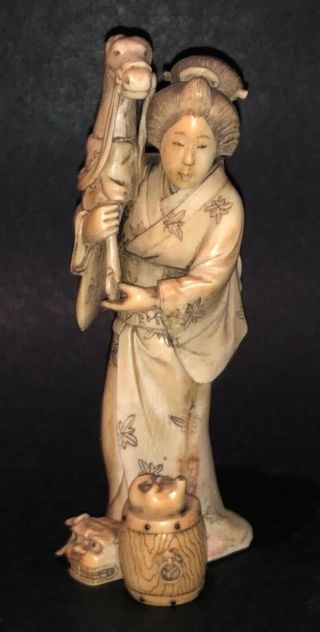 Fine Japanese Meiji Carved Wooman With Horse Toy Figure Statue Okimono Netsuke