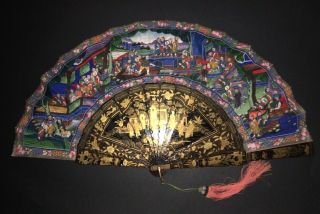 Chinese Gold Lacquer Hand Painted Figural Court Scene 100 Faces Fan