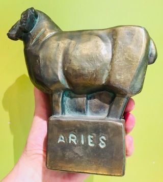 Vintage Fred Press Cast Bronze Zodiac Aries Ram Statue 1950 Mid - Century