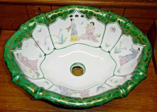 Sherle Wagner Italy Pottery / Porcelain Sink W/ Oriental Scene