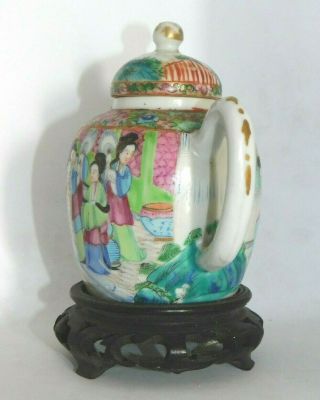 FINE,  ANTIQUE,  CHINESE 19TH.  C FAMILLE ROSE CANTON FIGURES TEAPOT ON STAND,  QING 3