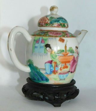 FINE,  ANTIQUE,  CHINESE 19TH.  C FAMILLE ROSE CANTON FIGURES TEAPOT ON STAND,  QING 4