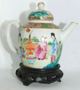 FINE,  ANTIQUE,  CHINESE 19TH.  C FAMILLE ROSE CANTON FIGURES TEAPOT ON STAND,  QING 5