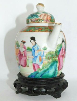 FINE,  ANTIQUE,  CHINESE 19TH.  C FAMILLE ROSE CANTON FIGURES TEAPOT ON STAND,  QING 6