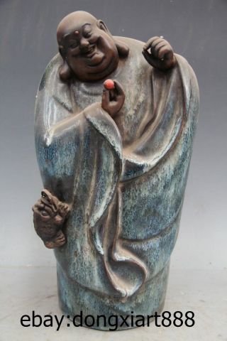 15 " Chinese Wucai Porcelain Blue Glaze Money Toad Wealthy Maitreya Buddha Statue