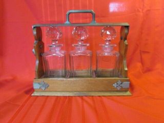 Antique Set Wood Tantalus 3 Crystal Decanters Lock Inlay