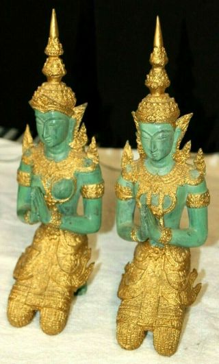 Antique Bronze Gilt Gold Thai Guardian Angel Theppanom Praying Buddha Statue 14 "