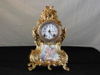 Antique Ansonia Ny French Style Trianon Mantle Clock Cherub Scene Gold Gilded