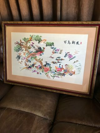 Large Chinese Embroidered/silk Picture Exotic Birds 39 " X 27 " (circa1990)