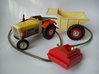 Vintage Tin And Plastic Toy Tractor Titan With Trailer Made In Poland