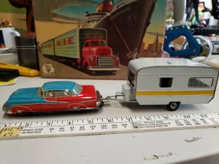Vintage Tin Toy Car And Travel Trailer Cool See Photos