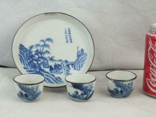 19th C Chinese Blue And White Figures Calligraphy Metal Rim Dish & 3 Bowls