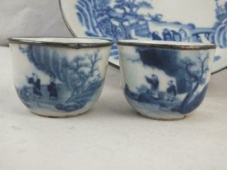 19TH C CHINESE BLUE AND WHITE FIGURES CALLIGRAPHY METAL RIM DISH & 3 BOWLS 5