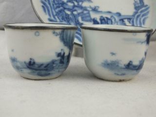 19TH C CHINESE BLUE AND WHITE FIGURES CALLIGRAPHY METAL RIM DISH & 3 BOWLS 6