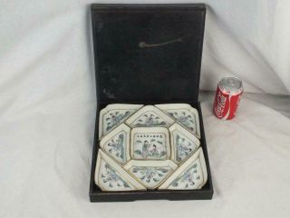 9 Piece Antique Chinese Famille Rose Figures Calligraphy Boxed Supper Set