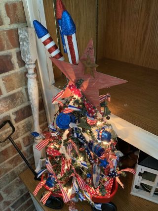 Primitive Farmhouse Americana Liberty Lighted Tree In Wagon 4th of July Summer 11