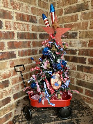 Primitive Farmhouse Americana Liberty Lighted Tree In Wagon 4th Of July Summer