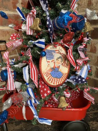 Primitive Farmhouse Americana Liberty Lighted Tree In Wagon 4th of July Summer 2