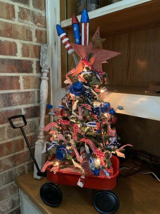 Primitive Farmhouse Americana Liberty Lighted Tree In Wagon 4th of July Summer 3