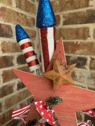 Primitive Farmhouse Americana Liberty Lighted Tree In Wagon 4th of July Summer 4