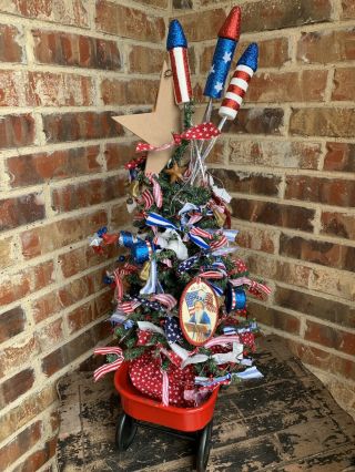 Primitive Farmhouse Americana Liberty Lighted Tree In Wagon 4th of July Summer 5