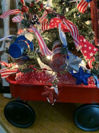 Primitive Farmhouse Americana Liberty Lighted Tree In Wagon 4th of July Summer 7