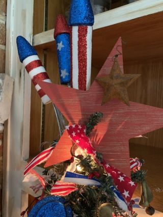 Primitive Farmhouse Americana Liberty Lighted Tree In Wagon 4th of July Summer 8
