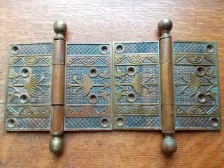 Two Victorian Ornate Eastlake Antique 5 " X 6 " Bronze Door Hinges By Linde C1885