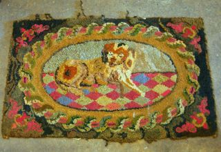 C.  1900 Antique American Hooked Rug With Spaniel (for Restoration) Good Colors