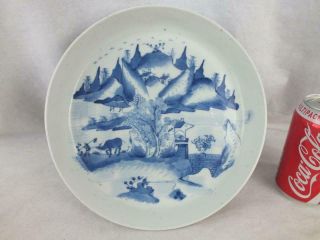 19th C Chinese Blue & White Figures Buffalo Landscape Saucer Dish On Foot