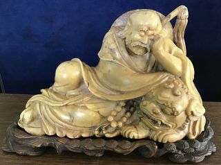 Old Finely Carved Stone Signed Buddhist Monk Statue Recumbent On Beast Stunning