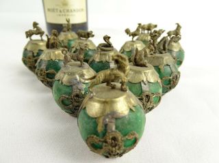 Vintage Chinese Horoscope Figures On Green Stone Balls Cast White Metal China
