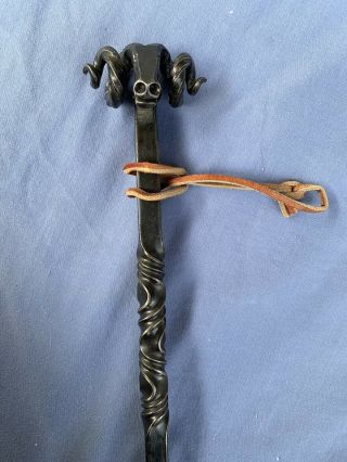 Unique Hand Forged Iron Rams Head Fireplace Poker Signed By Blacksmith M.  Jaksik