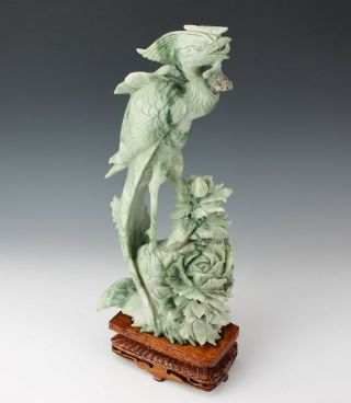 15 " Chinese Export Carved Green Jade Gemstone Phoenix Bird Statue Sculpture Ron