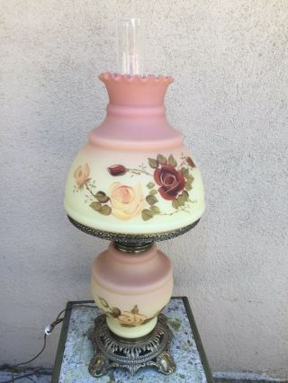 Antique Fenton Floral Burmese Art Glass Victorian Gone With The Wind Table Lamp