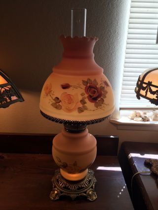Antique Fenton Floral Burmese Art Glass Victorian Gone with the Wind Table Lamp 2