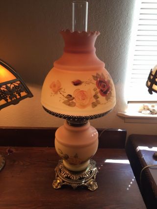 Antique Fenton Floral Burmese Art Glass Victorian Gone with the Wind Table Lamp 6