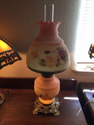 Antique Fenton Floral Burmese Art Glass Victorian Gone with the Wind Table Lamp 7