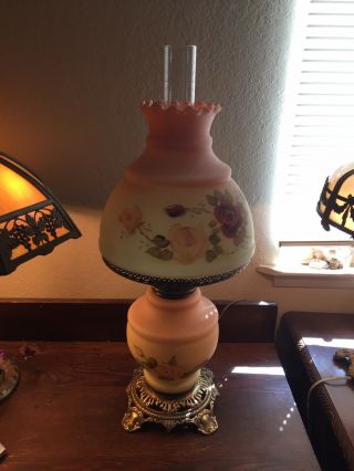 Antique Fenton Floral Burmese Art Glass Victorian Gone with the Wind Table Lamp 8