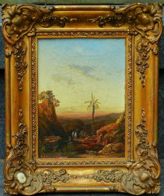 Antique C19th French Orientalist Oil Painting On Canvas Signed Sunset Palm C1875