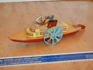 Vintage Tin Litho Clockwork Wind Up Paddle Wheel Toy Boat Ship,  England