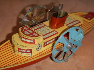 VINTAGE TIN LITHO CLOCKWORK WIND UP PADDLE WHEEL TOY BOAT SHIP,  ENGLAND 6