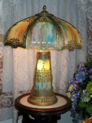 Antique Lighted Base Slag Glass 8 Panel Electric Table Lamp