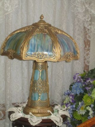 ANTIQUE LIGHTED BASE SLAG GLASS 8 PANEL ELECTRIC TABLE LAMP 2