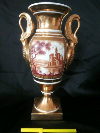 Antique Old Paris Porcelain,  Painted Empire Gold Urn W/sepia Hp Castle 13 "