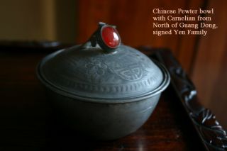 Antique Chinese Pewter Lidded Bowl Carnelian Finial Marked Yan He Shun Late Qing